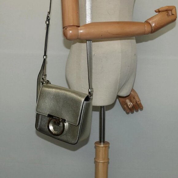 Salvatore Ferragamo Gancini Bag Leather Champagne Gold Silver Auth - Picture 1 of 16